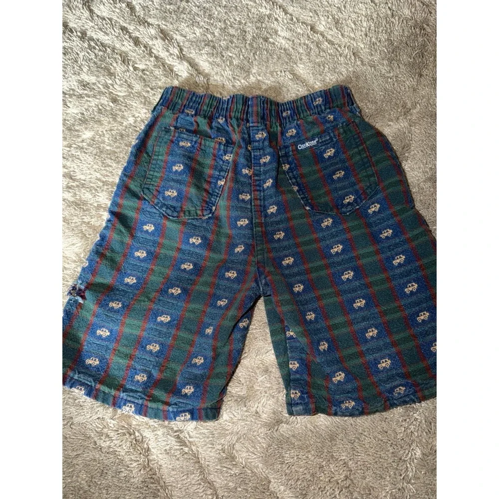 Vintage Oshkosh B'Gosh Long Plaid Shorts Boys Cars Trucks Blue Green Checkered